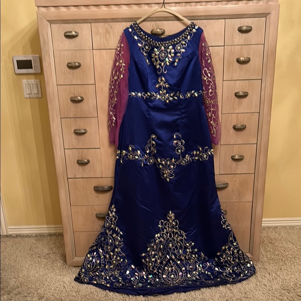 Blue and Gold Embellished Tiered Gown for Prom